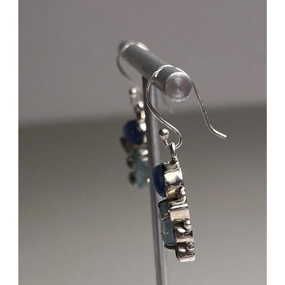 Sterling Silver 925 Earrings Rough Aquamarine Blue Topaz & Kyanite Hook Dangle - Picture 10 of 16